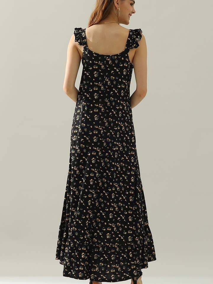 RUFFLE DETAILED SLEEVELESS MAXI DRESS: BLACKYELLOWFRL