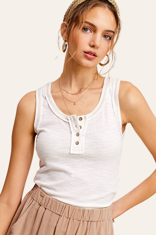 Ribbed Fabric Stitched Detail Henley Tank Top