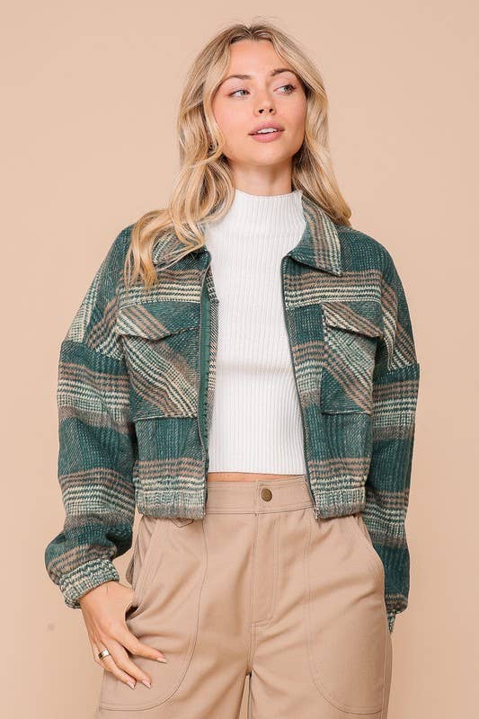 Fall Plaid Zip Front Cropped Jacket: Hunter/Taupe