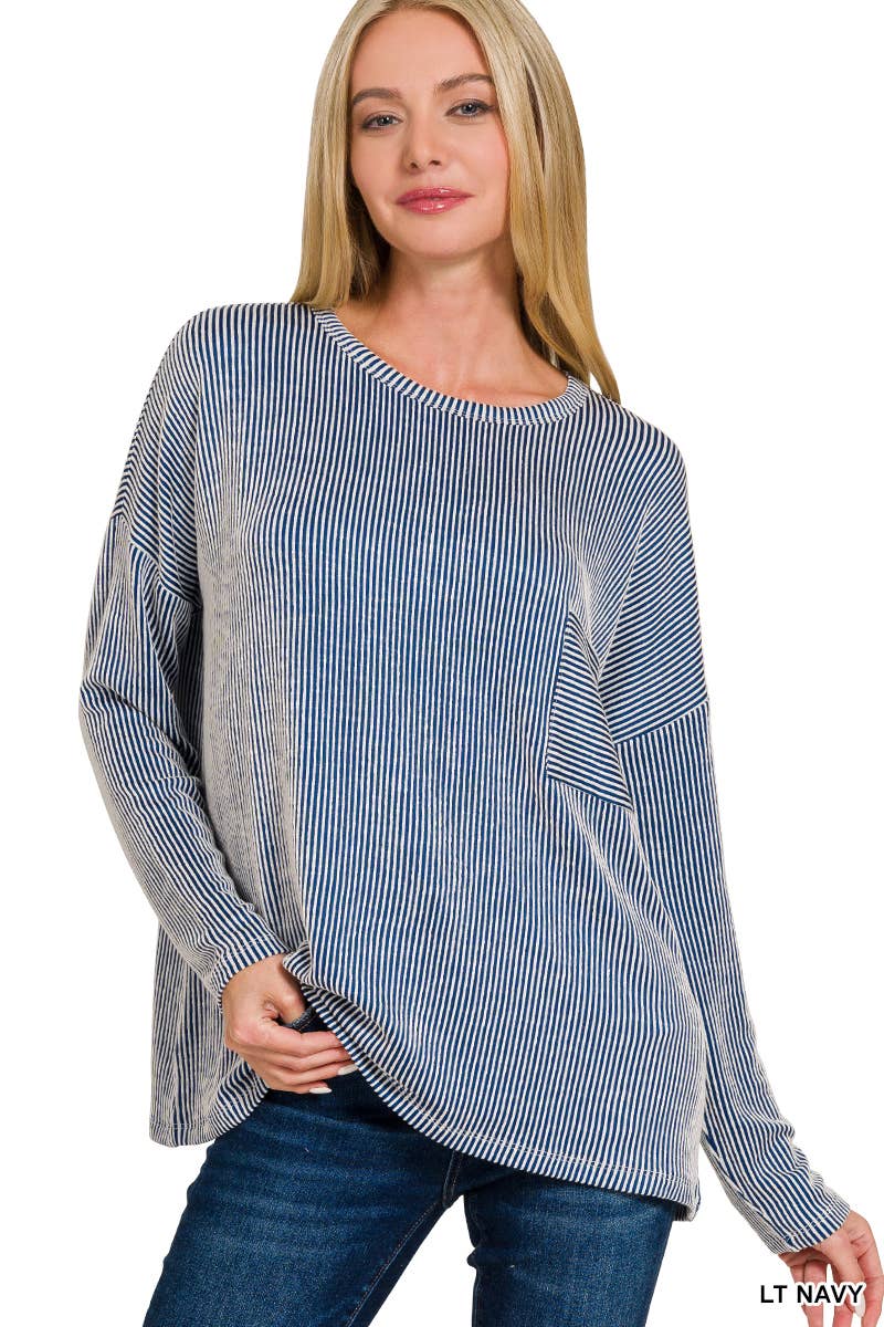 Ribbed Striped Oversized Long Sleeve Top: NAVY