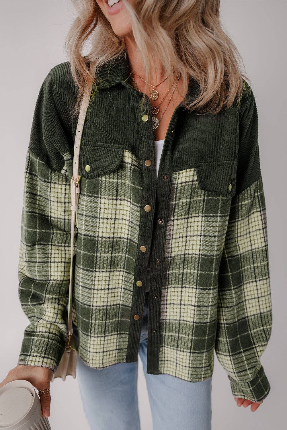 Blackish Green Snap Buttons Colorblock Plaid Shacket: Blackish Green / 100%Polyester / S