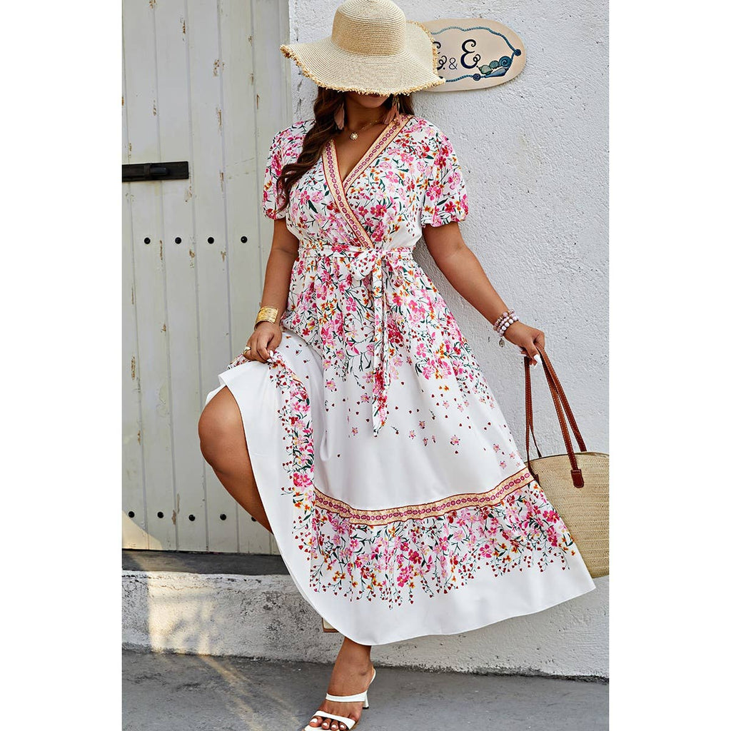 Floral Print Wrap Ruffle Belt Knot Dress: WHITE