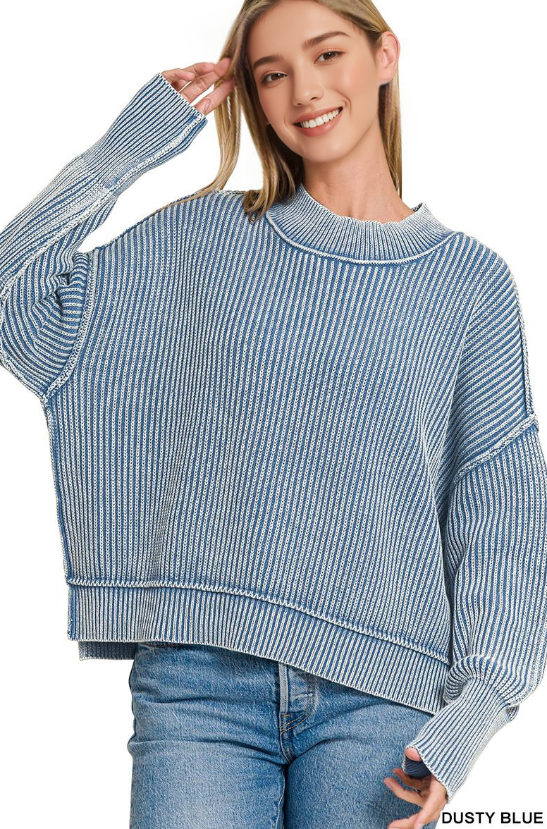 Mineral Washed Oversized Cropped Sweater: DUSTY BLUE