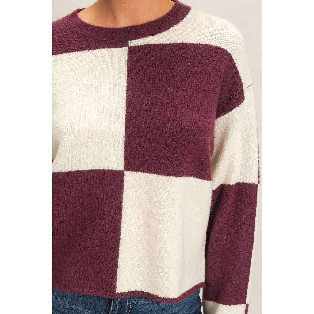Crew Neck Checkered Sweater: DARK CHERRY