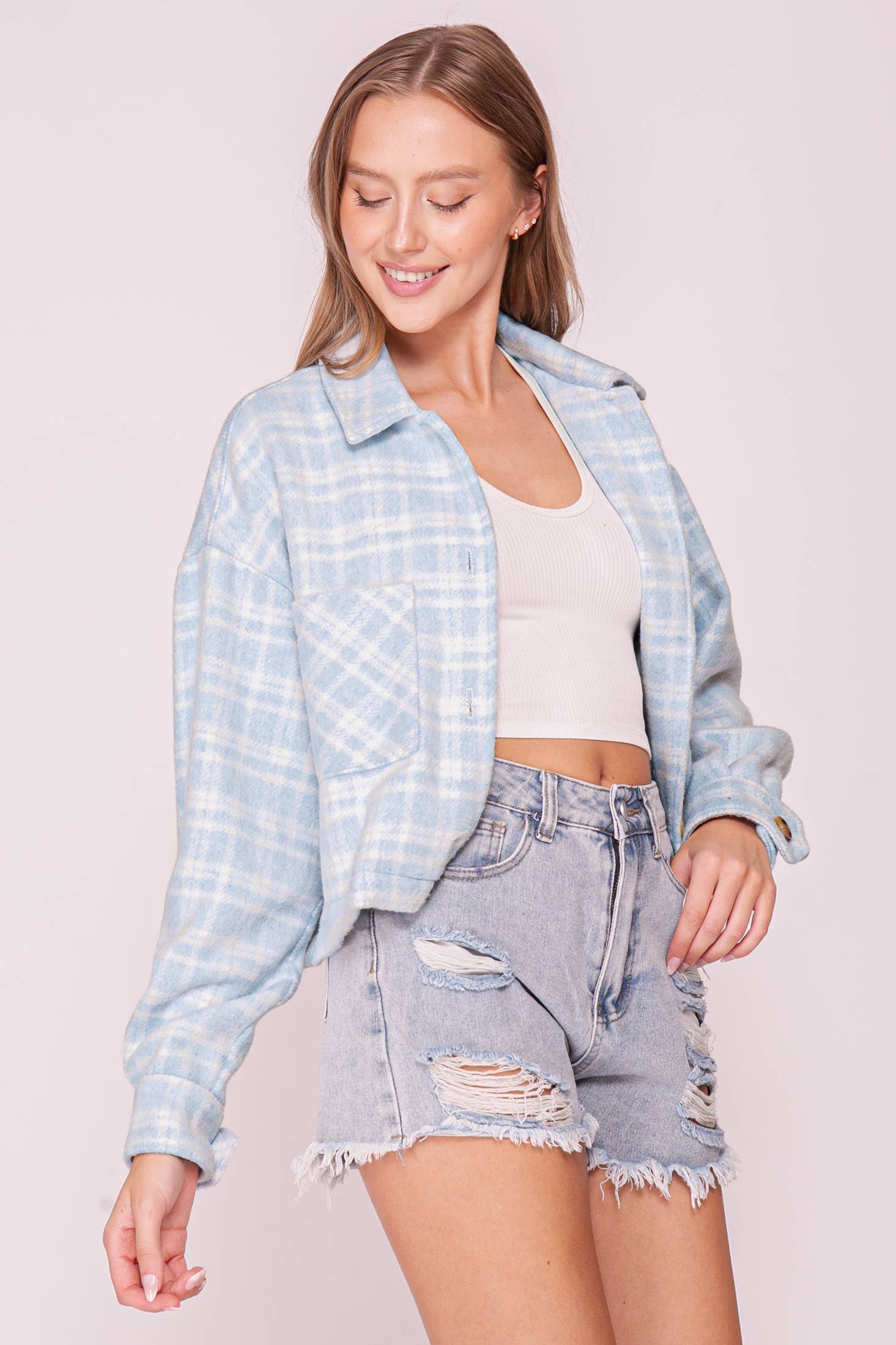 Plaid Button Front Shacket: Lt blue