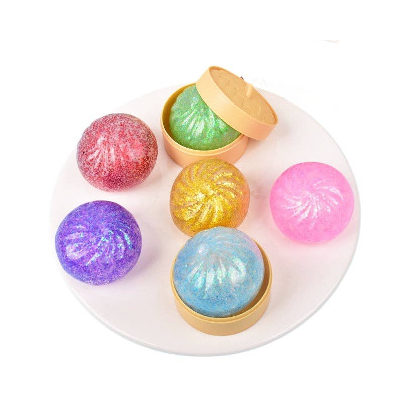 Glitter Squishy Dumpling Stress Ball Sensory Toy: Glitter Mini Dumpling + Steamer Basket