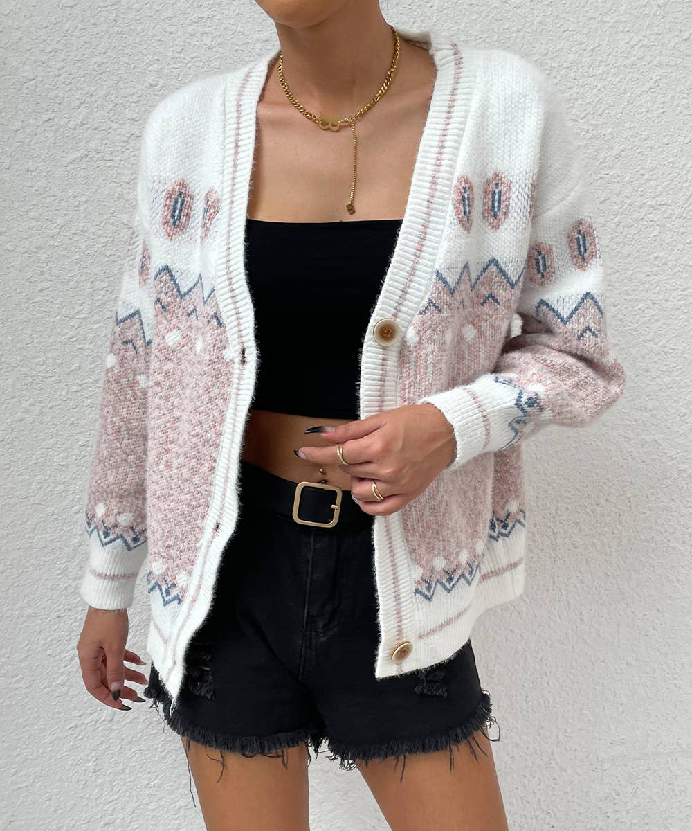 White and Pink Geo Pattern Botton Front Cardigan