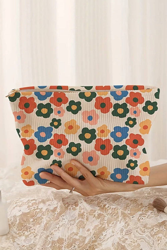 Flower Printed Rib Textured Cosmetic Bag