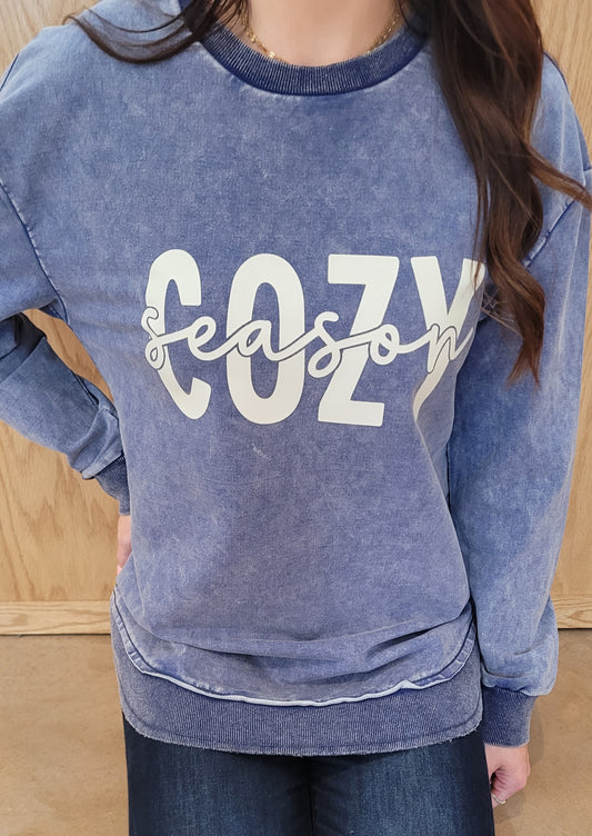 Cozy Season Acid Wash Crewneck Navy